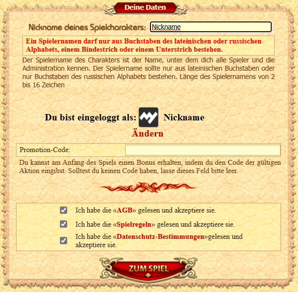 Nickname wählen - Online Game Drachenkrieg